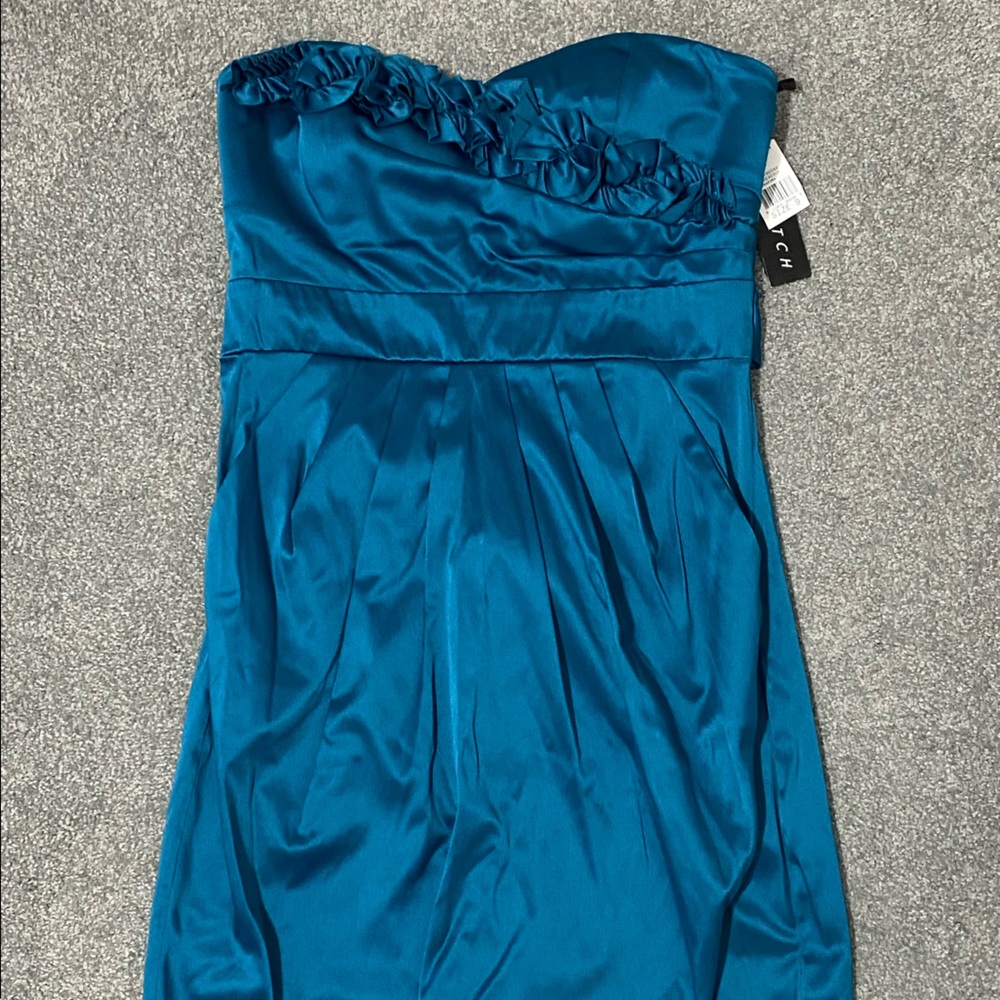Blue strapless dress with pockets and bow, size 9